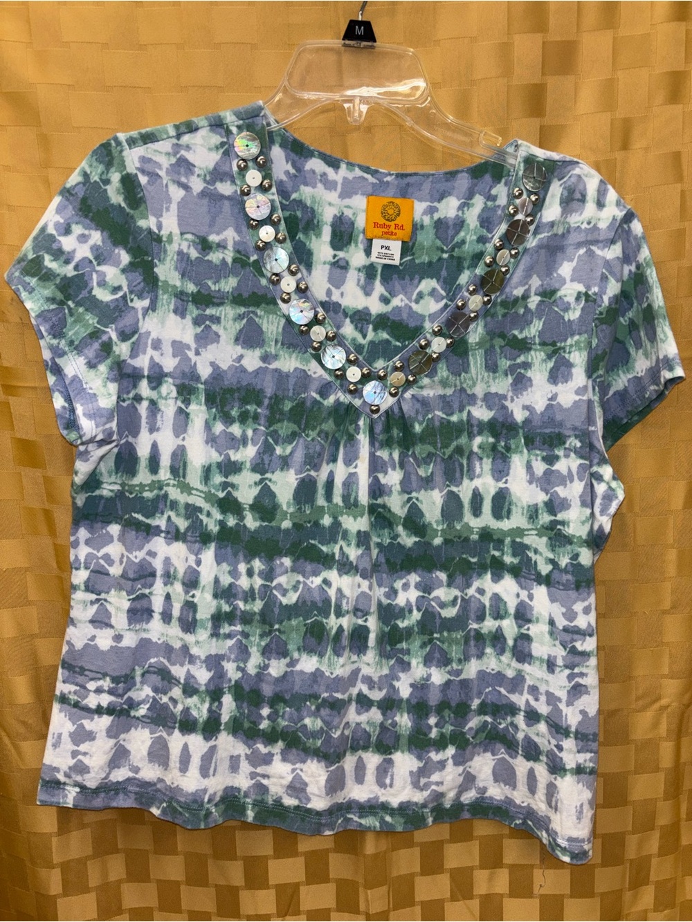 Ruby Rd. Green and Blue Tie-Dye V-Neck Top with Embellished Trim